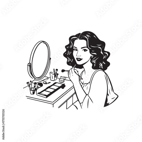 Black and white line art of a beautiful woman doing makeup at dressing table with mirror illustration