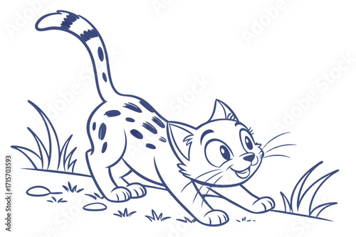 Cartoon Kitten Stretching on White Background Playful Line Art