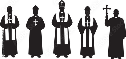Christian, clergy, silhouette, bishop, pope, cross, robe, mitre, religious, figure, black, vector, icon, faith, worship, tradition, holy, sacred, ceremony, hierarchy