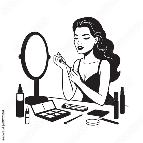 Black and white line art of a beautiful woman doing makeup at dressing table with mirror illustration