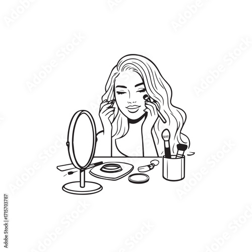 Black and white line art of a beautiful woman doing makeup at dressing table with mirror illustration