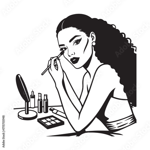 Black and white line art of a beautiful woman doing makeup at dressing table with mirror illustration