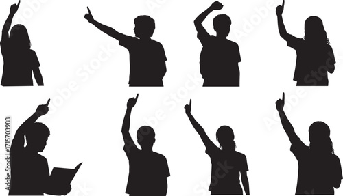 Silhouette, person, pointing, gesture, finger, upward, black, vector, icon, motion, pose, book, signal, attention, group, communication, education, idea, expression, participation