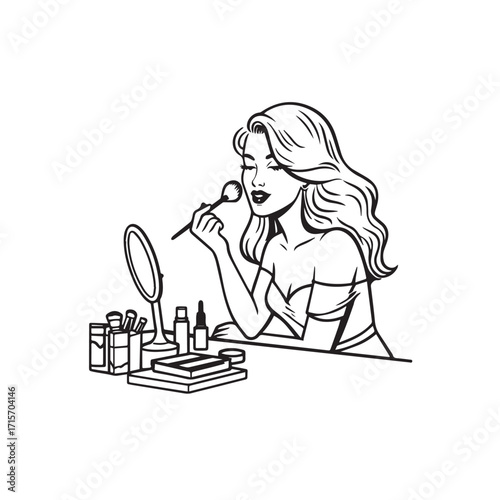 Black and white line art of a beautiful woman doing makeup at dressing table with mirror illustration