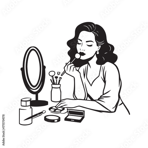 Black and white line art of a beautiful woman doing makeup at dressing table with mirror illustration
