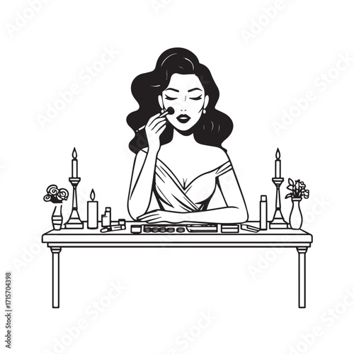 Black and white line art of a beautiful woman doing makeup at dressing table with mirror illustration