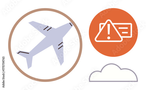 Airplane in a circle, orange alert icon, cloud. Ideal for aviation safety, travel alerts, pilot training, risk management, airline operations weather changes travel efficiency. Simple flat metaphor