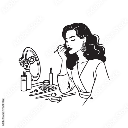 Black and white line art of a beautiful woman doing makeup at dressing table with mirror illustration