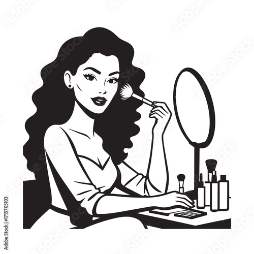 Black and white line art of a beautiful woman doing makeup at dressing table with mirror illustration