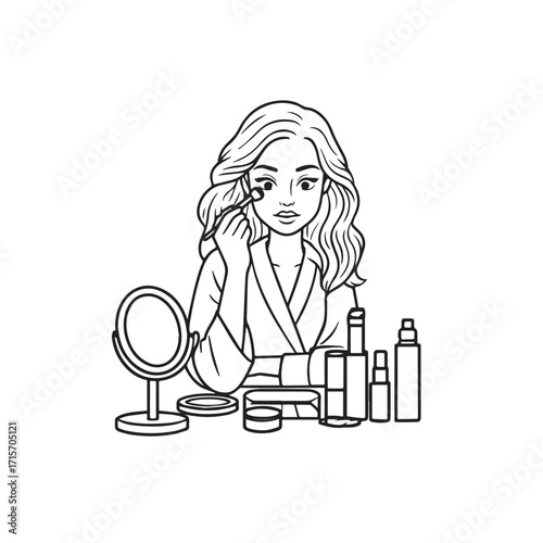 Black and white line art of a beautiful woman doing makeup at dressing table with mirror illustration