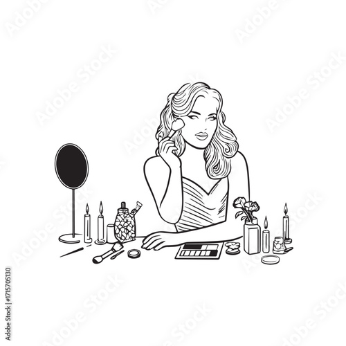 Black and white line art of a beautiful woman doing makeup at dressing table with mirror illustration