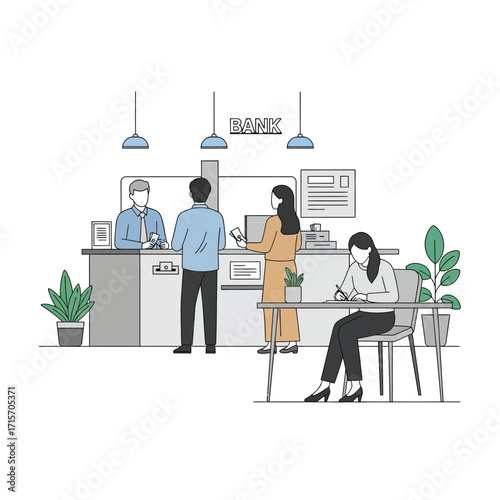 Minimalist vector illustration of customers depositing checks and filling out forms inside a bank, isolated on white background