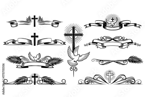 Funeral Ornamental Decorations Vector – Memorial Borders and Dividers with Cross, Dove, Ribbons, and Palm Leaves Design Elements