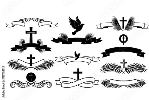 Funeral Ornamental Decorations Vector – Memorial Borders and Dividers with Cross, Dove, Ribbons, and Palm Leaves Design Elements