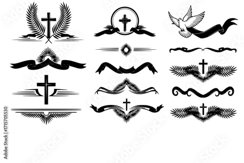 Funeral Ornamental Decorations Vector – Memorial Borders and Dividers with Cross, Dove, Ribbons, and Palm Leaves Design Elements