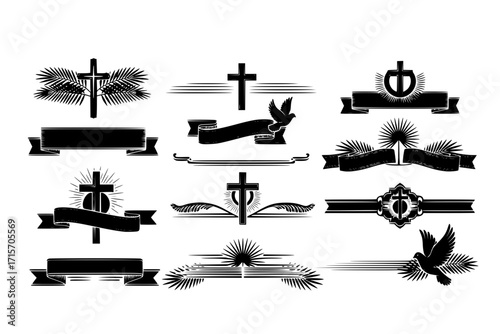 Funeral Ornamental Decorations Vector – Memorial Borders and Dividers with Cross, Dove, Ribbons, and Palm Leaves Design Elements