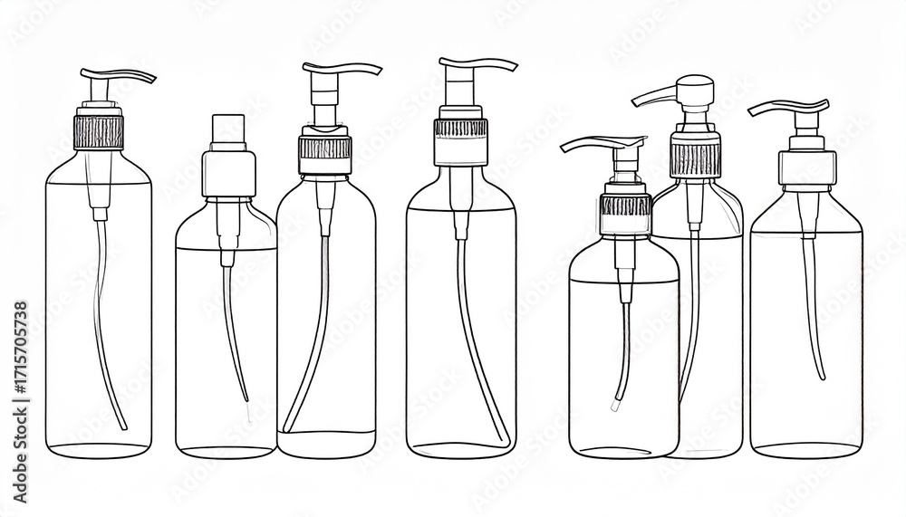 Fototapeta premium Set of liquid bottles with a dispenser vector. bottles for body care vector. Cosmetic