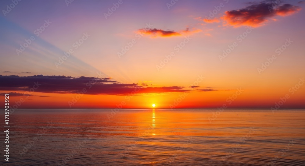 Obraz premium A serene sunset over the ocean with a single sun disc and scattered clouds in the sky.