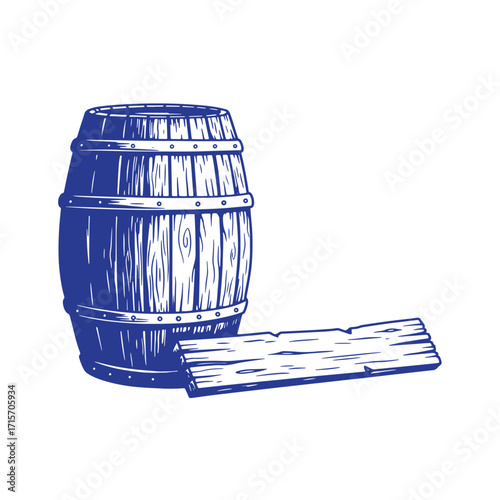 Vintage hand drawn blue wooden barrel and plank illustration on white background