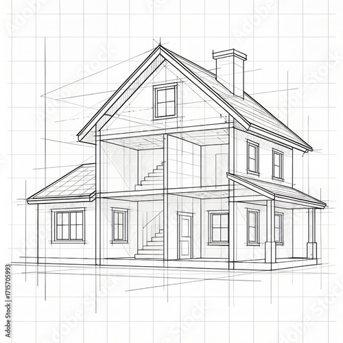 Two story house blueprint sketch with cutaway view interior rooms and staircase