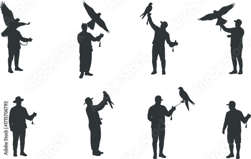 Untitled-15.aiFalconer, silhouette, bird, hawk, falcon, glove, handler, flight, perch, black, vector, icon, wildlife, raptor, training, pose, motion, tradition, animal, sport
