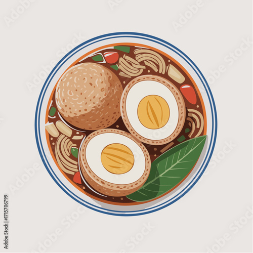 Vector illustration of Indonesian meatball soup with boiled egg in a bowl, bakso telur clipart, traditional Asian food vector art, culinary design for restaurant and digital download