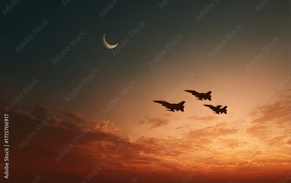 Fototapeta premium Fighter jets flying with Pakistan national flag motif at sunset, military aviation strength, defense and patriotic air force security power concept 