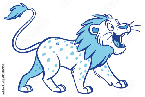 Cartoon Lion with Light Blue Mane Roaring on White Background Design