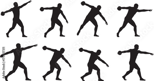 Discus, throw, athlete, silhouette, motion, sport, black, vector, icon, rotation, posture, dynamic, Olympic, training, strength, technique, action, performance, fitness, competition