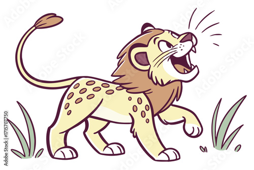 Cartoon Roaring Lion with Grass 