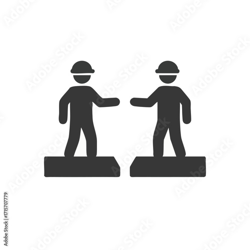 Icon of two hard-hat wearing construction workers on separate bases, extending hands to symbolize a professional agreement, partnership, or collaboration.