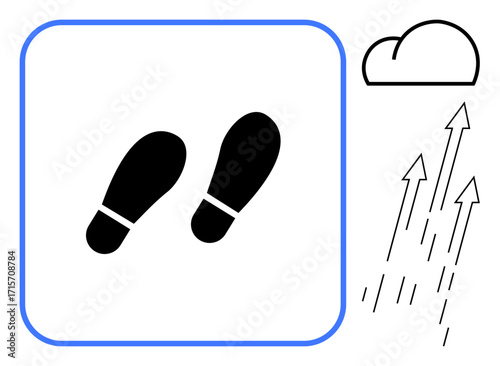 Two footsteps depicted alongside a cloud and upward arrows symbolizing movement, progress, aspirations, innovation, goal setting, personal development, and growth. Ideal for conveying ambition in