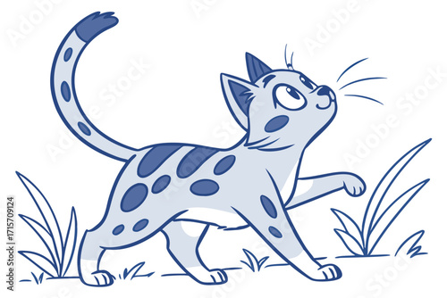 Cartoon Spotted Blue Cat Walking in Grass on White Background
