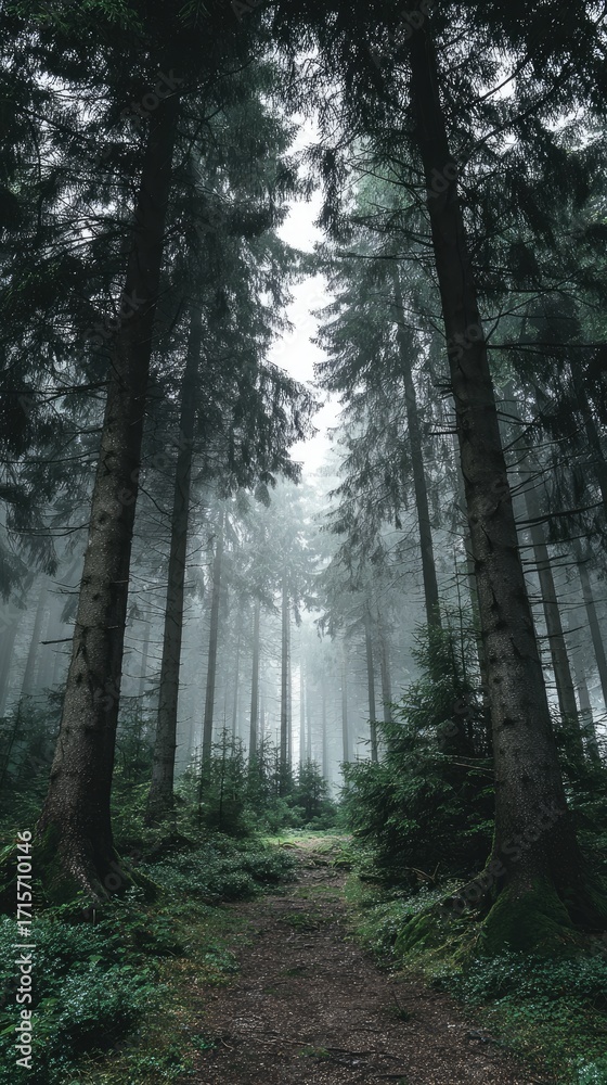 Fototapeta premium A misty forest path winds through tall, slender evergreen trees, their dark green needles shrouded in a thick fog, creating a mysterious and tranquil atmosphere. Low-lying vegetation lines the path