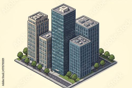 Isometric cartoon city block illustration with buildings trees and street design