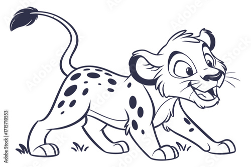 Cartoon Spotted Feline Cub Walking Happily, Outline Style with White Background,