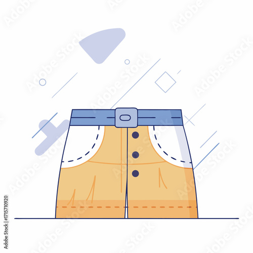 Denim shorts with blue waistband and button detail in flat style  