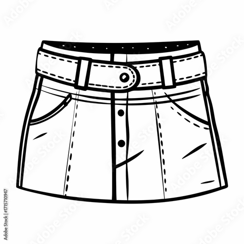 Denim skirt with belt and pockets in simple outline style  