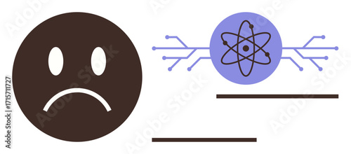 Brown sad face icon beside an atomic structure design with circuit-thumbs up connections. Ideal for emotions, technology, innovation, science, artificial intelligence, psychology, conceptual design