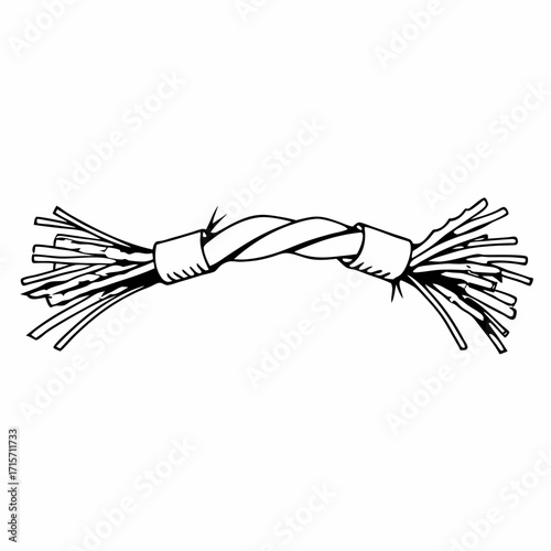 Frayed wire twisted and bound at both ends on white background  