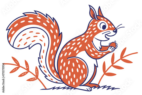 Cartoon Squirrel Holding Nut with Blue Outline and Orange Fur on White Background