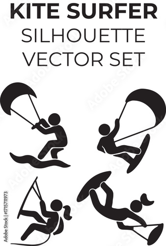 Kite Surfer Silhouette Vector Set – Jump, Trick, Ocean Waves Minimalist Flat Design