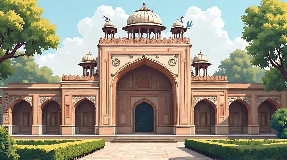 Obraz premium Mughal Style Building with Domes, Arches, and Decorative Peacocks