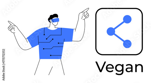 Man in VR glasses with circuit-inspired shirt gestures outward beside a network sharing design and Vegan text. Ideal for technology, sharing, networking, futurism, lifestyle, innovation, simple