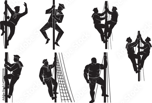 Climbing silhouettes, pole climbers, rope net figures, teamwork pose, black uniform illustration, vertical motion, training concept, vector art, action scene