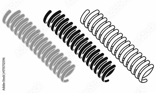 Metal spring vector icon set in outline and silhouette style. Industrial coil, mechanical spare part, tool symbol for engineering, automotive, physics, suspension design.