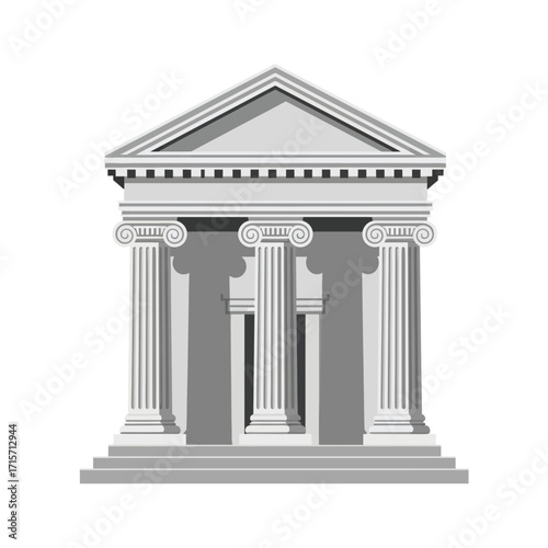 Flat vector icon of a classical bank building with three columns and triangular roof, isolated on white background