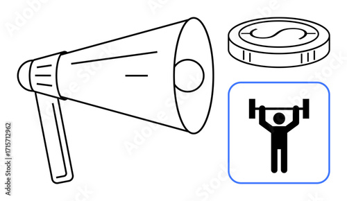 Megaphone, coin, and person lifting weights emphasize communication, finance, strength, and motivation. Ideal for marketing, money fitness success leadership empowerment teamwork. Simple flat