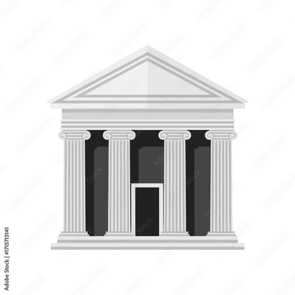 Obraz premium Flat vector icon of a classical bank building with three columns and triangular roof, isolated on white background