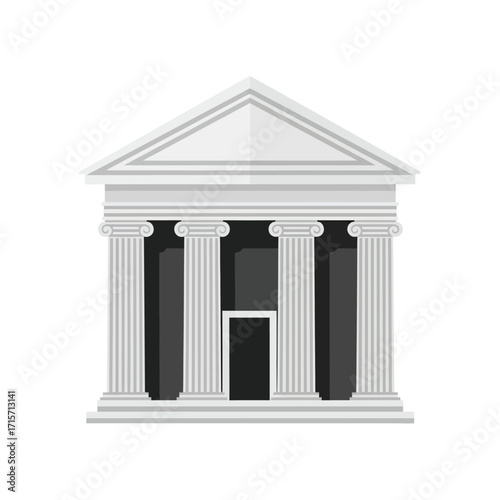 Flat vector icon of a classical bank building with three columns and triangular roof, isolated on white background